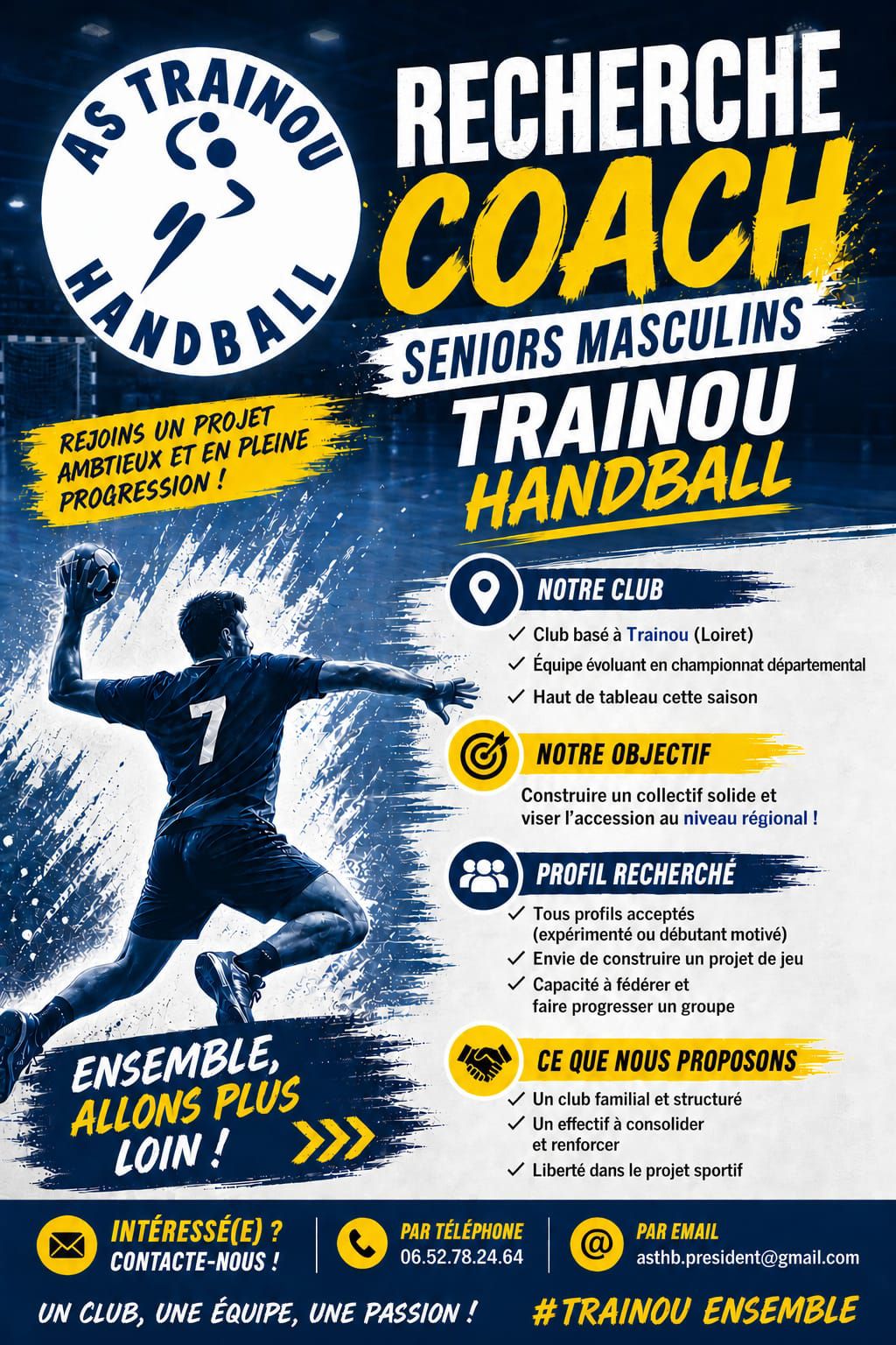 🔵🔴 Les Seniors Garçons de l’AS Trainou Handball recherchent leur futur(e) coach ! 🤾‍♂️